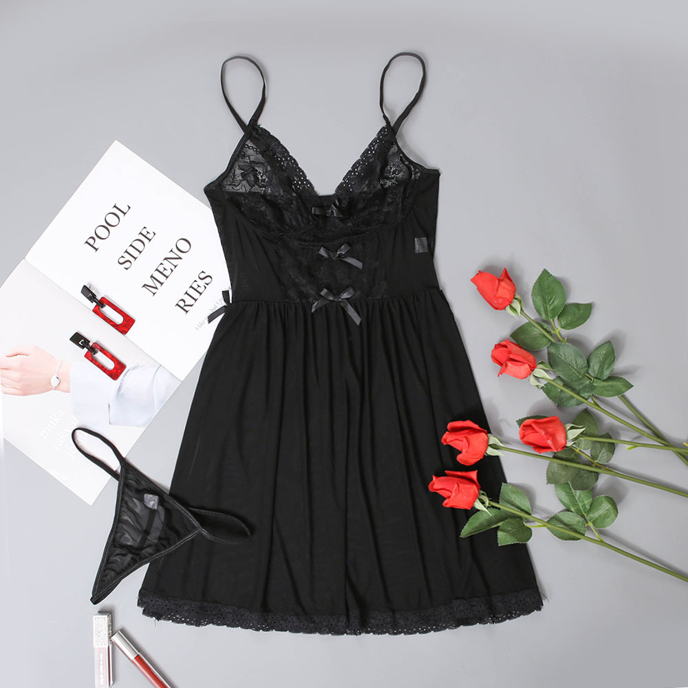 Bow Decor Lace Mesh Split Hem Babydoll With G-String