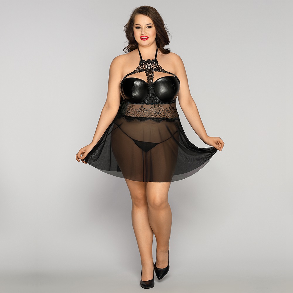 Plus Wet Look Lace & Mesh Babydoll With G-String