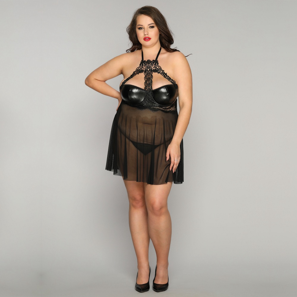 Plus Wet Look Lace & Mesh Babydoll With G-String
